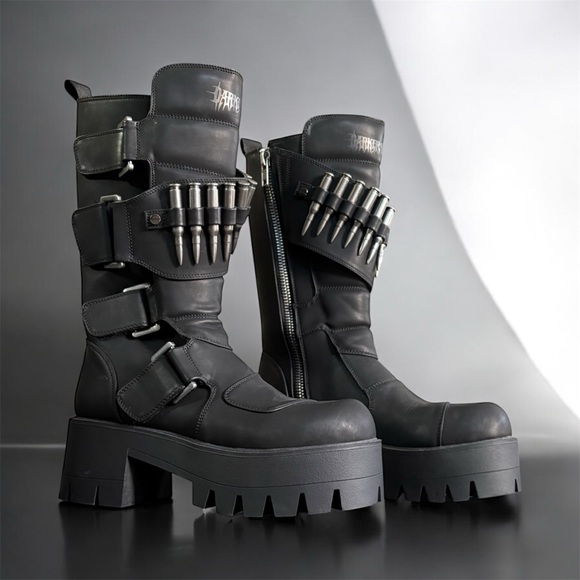 Dolls Kill Shoes - DollsKill | NWOB Darker Wavs Goth Grunge Cyber Y2K Bullet Platform Mid-Calf Boot